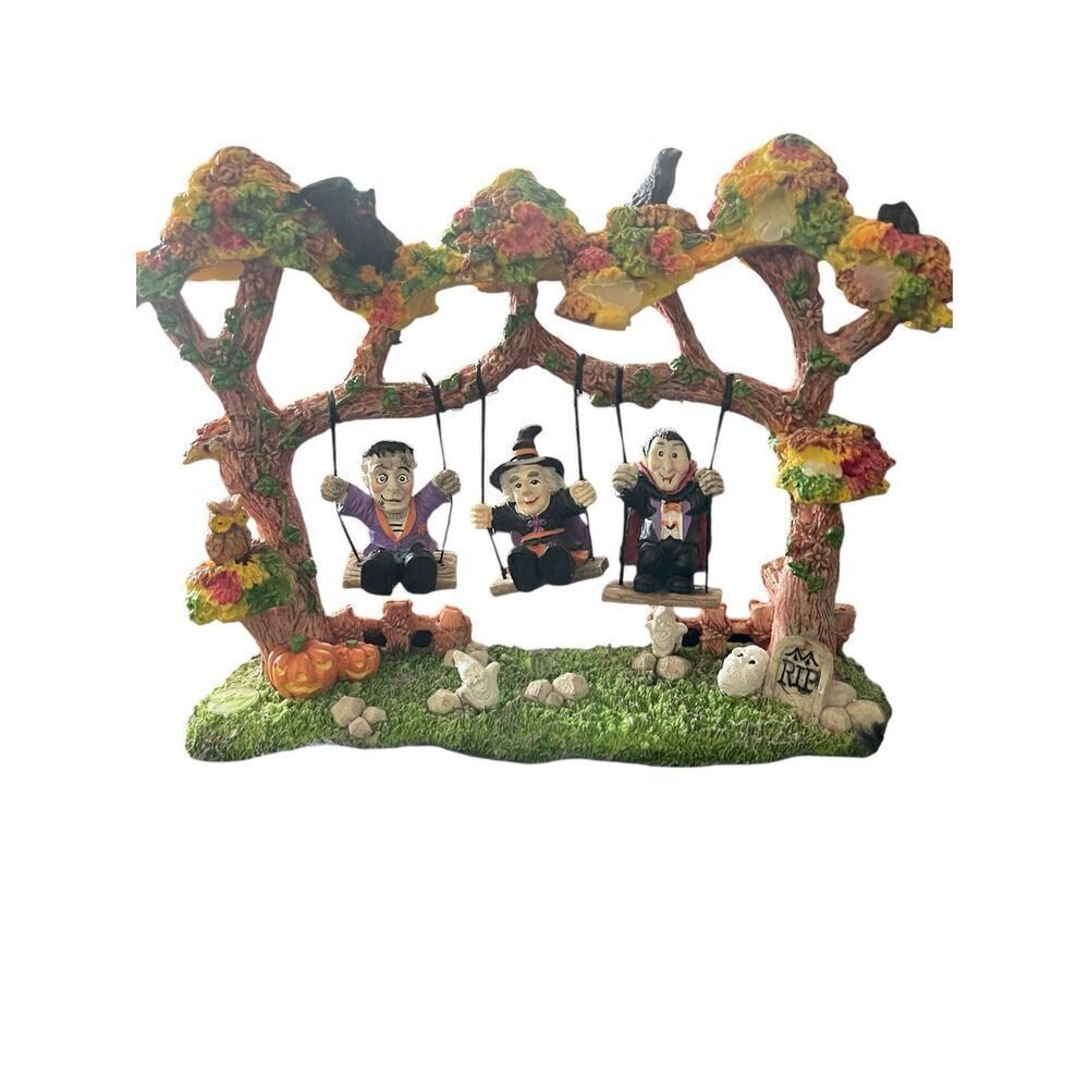 Halloween Ghouls On A Swing Graveyard Dracula Frankenstein Witch Figurine